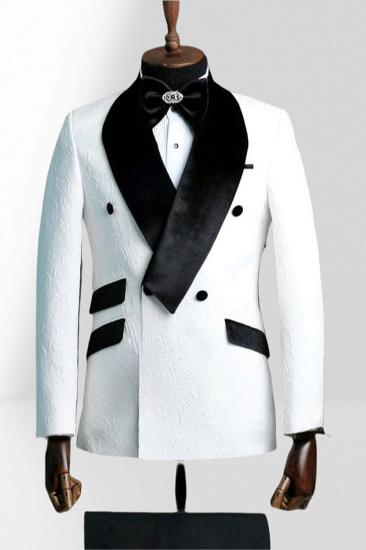 White Jacquard Men Two Piece Groom Suit | With Black Velvet Collar_1