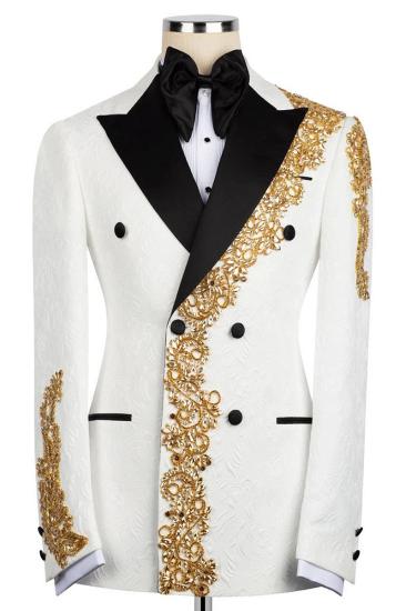 White Jacquard Two Piece Tuxedo with Gold Embroidery | Bradymensuit_2