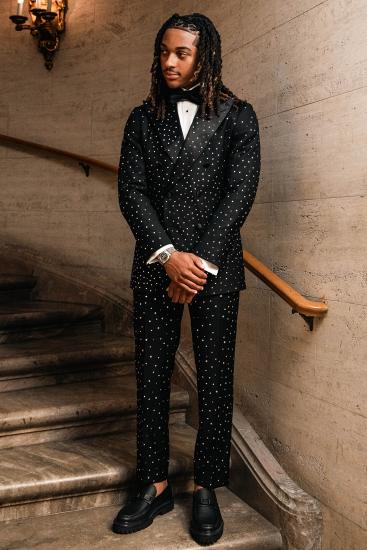 Black Crystal Rhinestone Double Breasted Men's Tuxedo Suit for Wedding Prom Black Tie Events_4