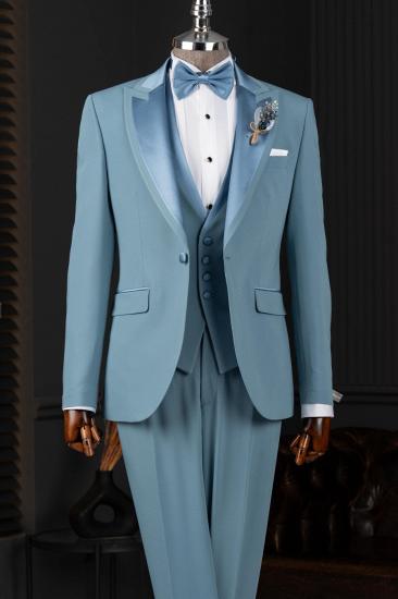 Fashionable Brady Blue Three Piece Mens Banquet Prom Wedding Suit with Satin Lapel