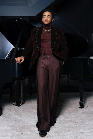 James Elegant Burgundy Velvet Two Piece Prom Suits With Eyelet Buttons_1