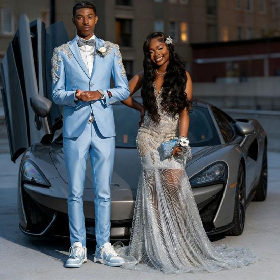 Sky Blue Silver Beaded Appliques Men’s Two Pieces Prom Suits for Graduation_2