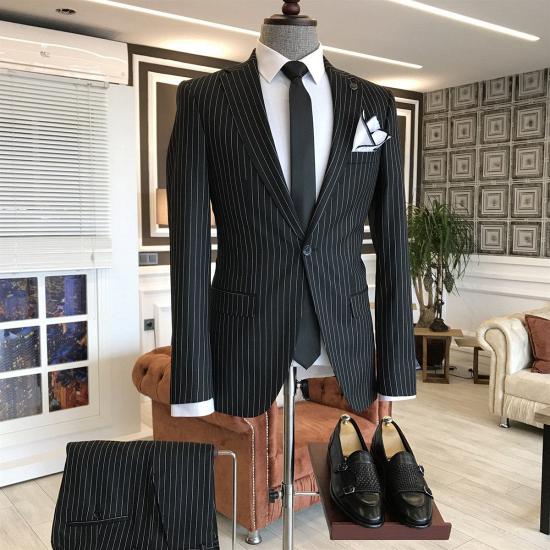 Reg Regular Black Striped Serrated Lapel Men Suit Jacket_2