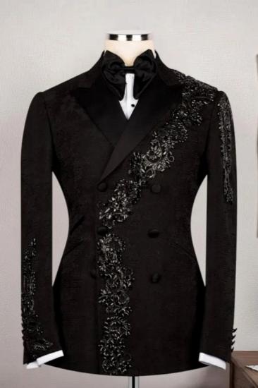 James Generous Black Jacquard Double Breasted Prom Suits With Beadings