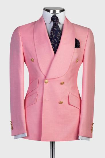 Elegant Pink Gentleman Double Breasted Tuxedo | Shawl Collar Men's Tuxedo With Metal Buttons_1