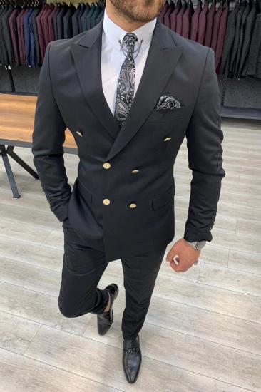 Black Slim Fit Wool Blend Men Double Breasted Two Piece Suit | Metal Buttons With Silk Lining_3