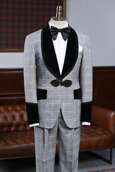 Butler Fashion Grey Plaid Knit Button Groom Wedding Suit