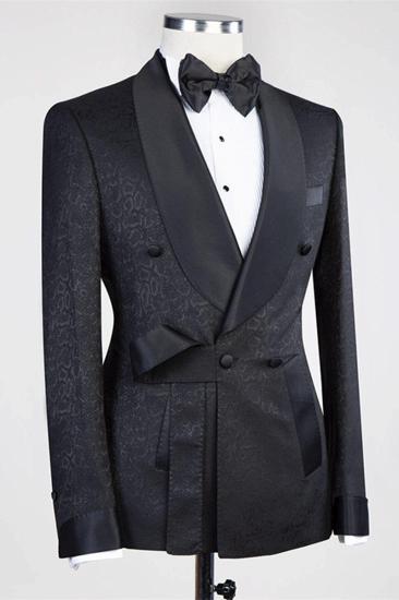 Ernesto Black Double-Breasted Cape Lapel Jacquard Wedding Suit_2