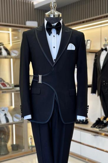 Metal Buckle Black Two Piece Men Business Suit Wedding Prom with Satin Hemming_1