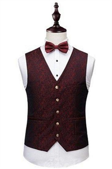 Men Wine Ruby Notched Laple Prom Suit |  Custom Three Piece Jacquard Tuxedo_2