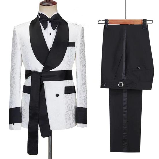 White Men Nightgown Suit Shawl Two Piece Suits | Banquet Prom Suit With Belt_2