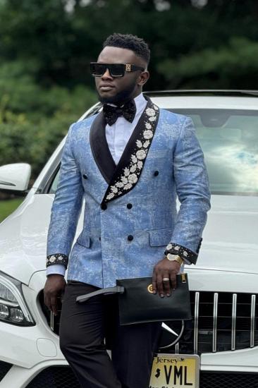 Leif Generous Blue Jacquard Double Breasted Prom Suits With Appliques_2
