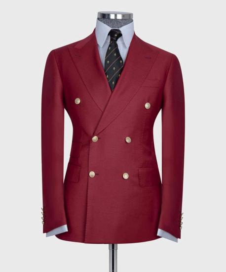 Red Double Breasted Point Collar Tailored Men Prom Suit_4
