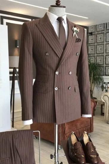 Brown Pinstripe Double Breasted Peak Lapel Men's Suit 3 Piece Formal Wedding Business Suit_1
