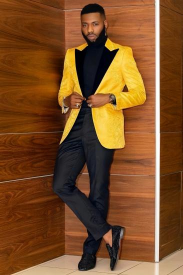 Bright Yellow Embossed Velvet Blazer With Black Velvet Lapel Custom Suit For Prom Wedding Gala Party_1