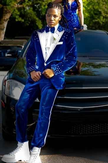 Ocean Blue Velvet Peaked Lapel One Button Two Pieces Prom Suits With Beading_1