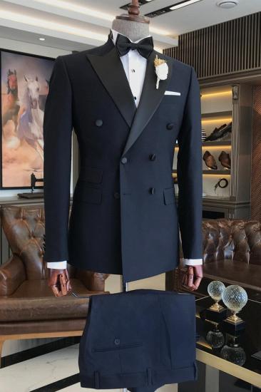 Trendy Dark Navy Men's Wedding Tuxedo | Black Satin Lapel Prom Suit_1