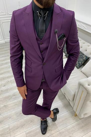 Purple Peak Collar Men's Slim Fit Three Piece Prom Suit_5