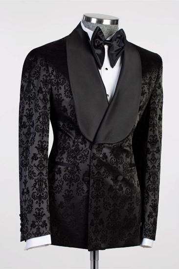 Slim Double Breasted Black Floral Jacquard Shawl Lapel Men Prom Suit_2