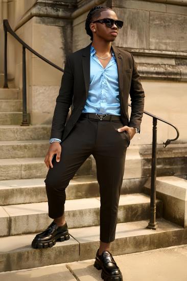Gentleman Simple Black Slim Notched Lapel One Button Two Pieces Prom Suits_1