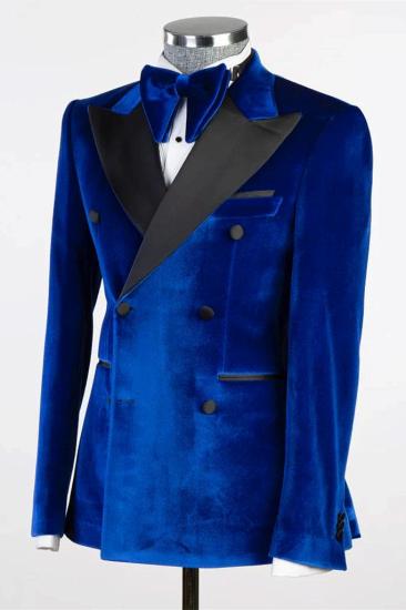 Rory Blue Peaked Lapel Double Breasted Velvet Prom Two Piece Suits_2