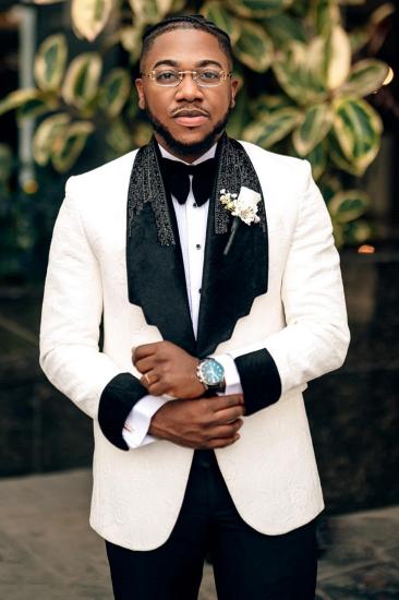 Harper Fashionable White Jacquard Shawl Collar Tuxedo Mbellished With Beading_2