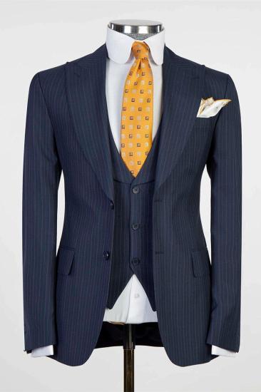 Navy Blue Striped Point Collar Three Piece Suit