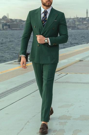 Stylish Rick Hunter Green Striped Peak Collar Double Breasted Men Two Piece Suit