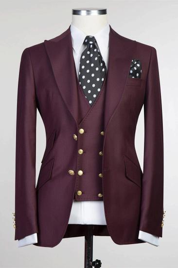 Fashion Burgundy Three Pieces Peaked Lapel Men Suits_1