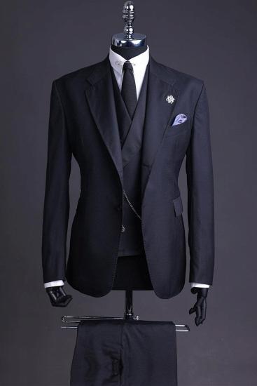 James Slim Black Notched Lapel Three Pieces Business Suits_1