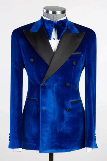 Rory Blue Peaked Lapel Double Breasted Velvet Prom Two Piece Suits_1
