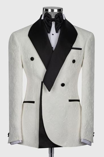 Elegant Stylish White Jacquard Slim Two Piece Tuxedo With Shawl Collar_1