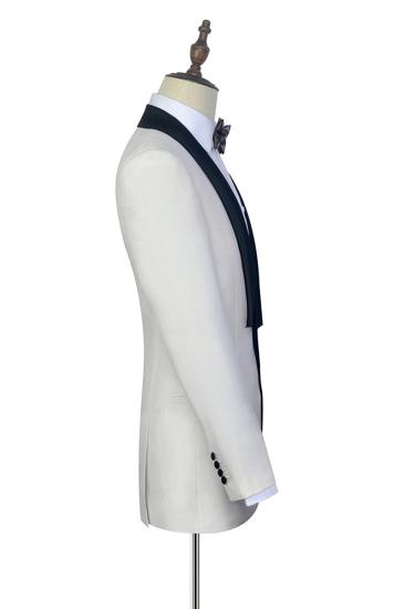Mens Black Knife Neck Classic White Wedding Suit | One Button Wedding Tuxedo_5