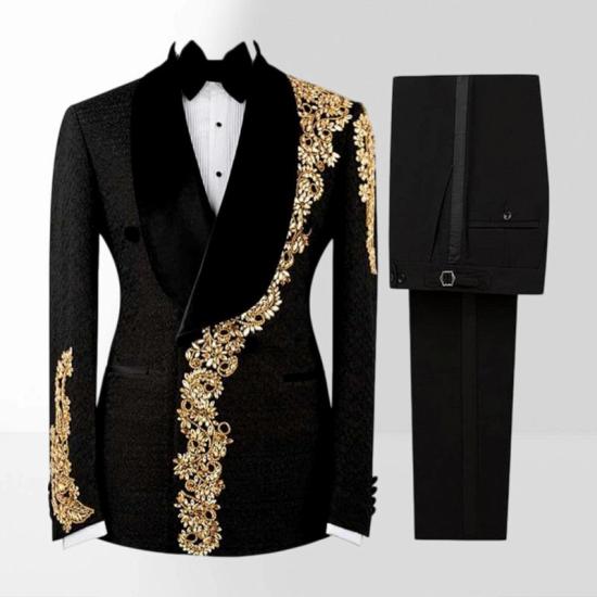 Black Jacquard Two Piece Tuxedo with Gold Floral Embroidery | Bradymensuit_2