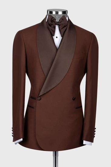 Chic Dark Brown Shawl Lapel Double Breasted Men Wedding Suits_1