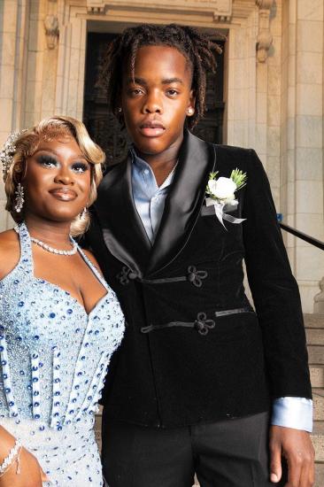 Fancy Slim Black Velvet Satin Shawl Lapel Two Pieces Prom Suits_2