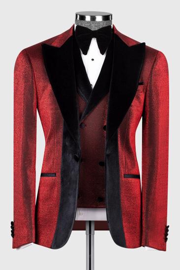 Red Jacquard Wedding Suit with Black Velvet Groom Three Piece Suit