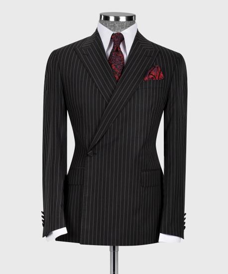 Black Striped One Button Peak Collar Business Mens Two Piece Suit_2