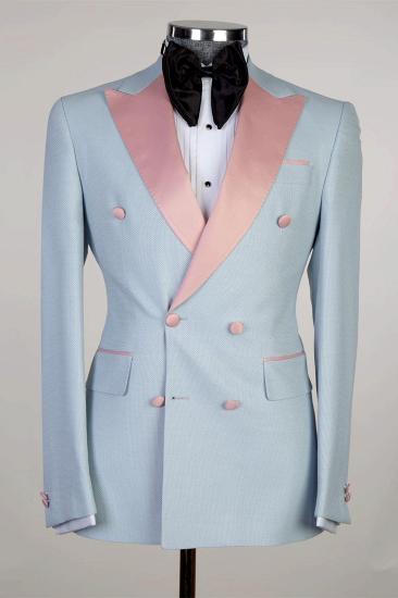 Shiny Sky Blue Double Breasted Men Suit With Pink Point Collar