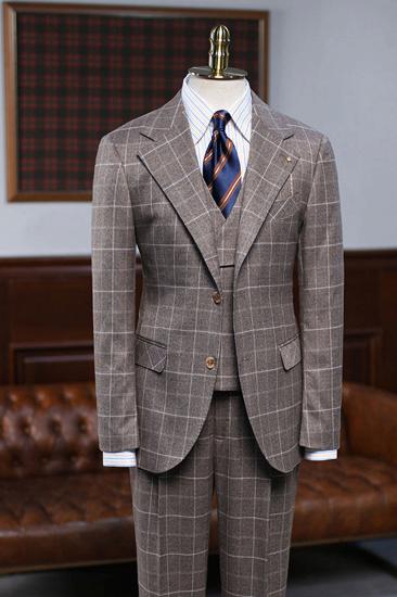 Augustine Affordable Coffee Plaid 3 Piece Mens Business Suit_2