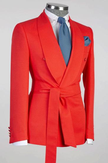 Red Slim Fit Double Breasted Shawl Collar Men Two Piece Tuxedo | With Belt_2