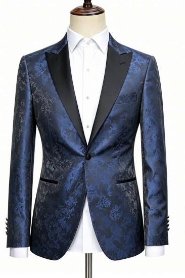 Dark Blue Jacquard Peak Lapel Men Tuxedo Jacket Slim Fit Formal Blazer_1