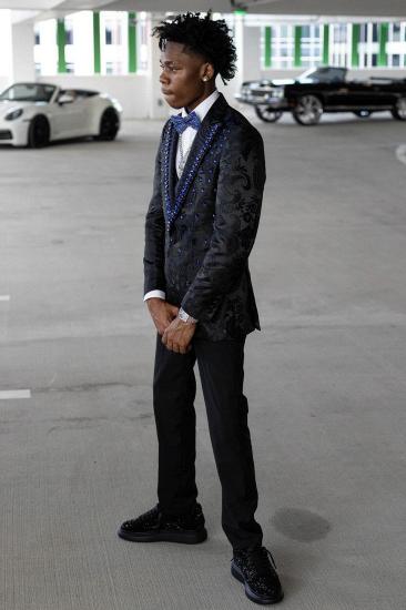 Justin Stylish Black Jacquard Peaked Lapel 3-Piece Beaded Prom Suit | Bradymensuit_1