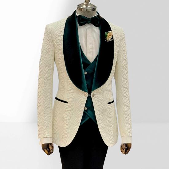 Chic White Shawl Lapel Jacquard Three Pieces Wedding Suits With Dark Green Velvet Lapel_2