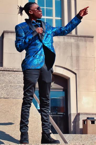 Fancy Bespoke Blue Jacquard Shawl Lapel One Button Two Pieces Prom Suits_2