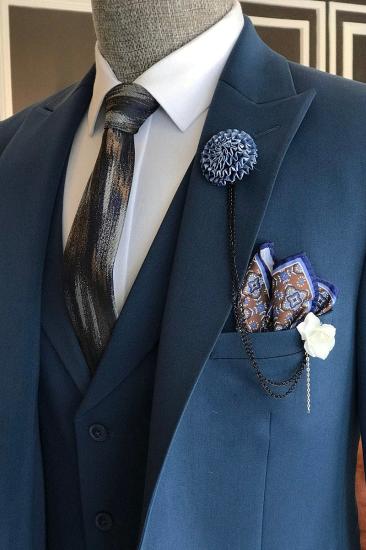 Navy Blue Lapel Collar Single Breasted Men Three Piece Suit | Flat Lapel Collar Vest_2