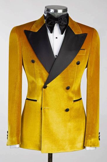 Gold Velvet Double Breasted Black Satin Peak Lapel Mens Two Piece Suit