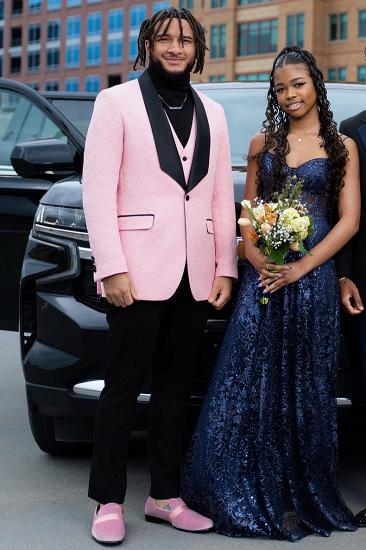 Jeff Fashion Pink Jacquard Three-Piece Prom Suit With Black Shawl Lapel | Men's Formal Tuxedo_1