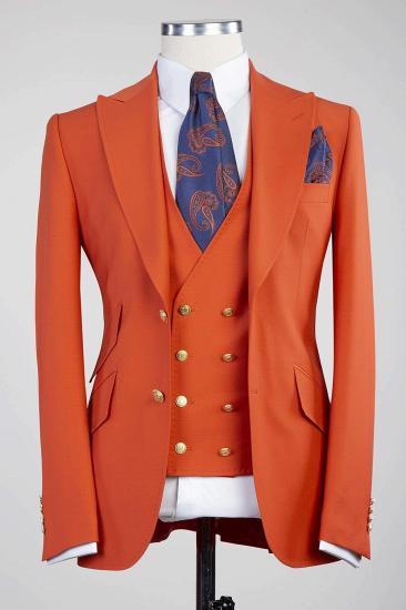 Fashion Orange Peaked Lapel Three Pieces Men Suits_1