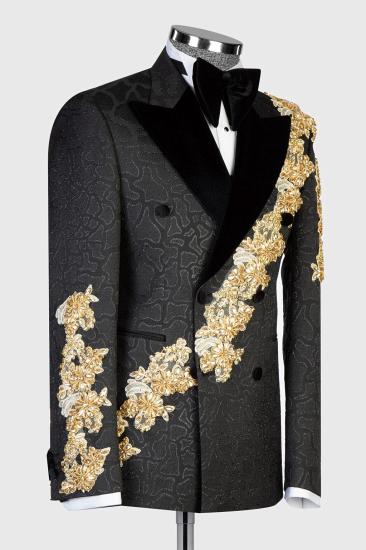 Gold Beadings Appliques Black Jacquard Men Two Piece Suit with Velvet Lapel_2